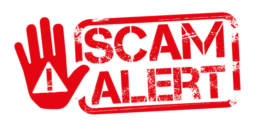 SCAM ALERT. Grunge red rubber stamp. Scam square sign label isolated on white background