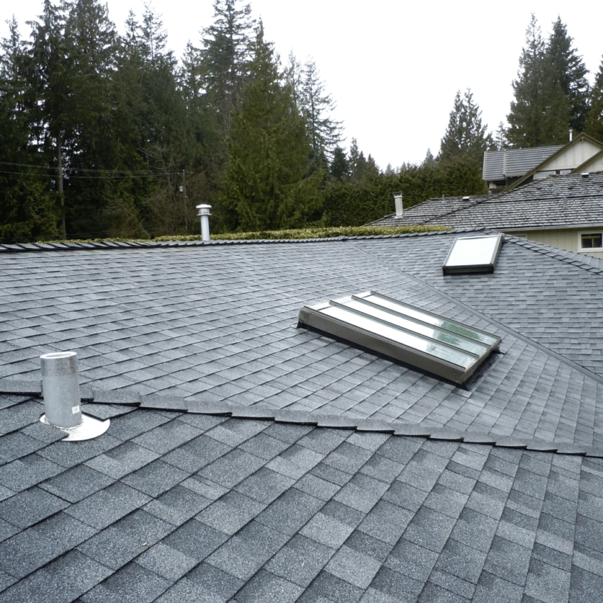 Image of shingle roof with skylights.