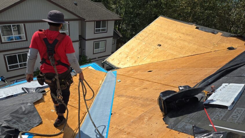 Residential roof being repaired